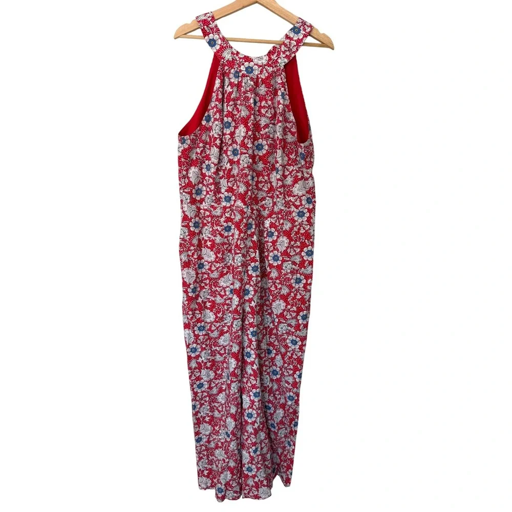 LOFT Outlet Red Floral Halter Neck Wide Leg‎ Jumpsuit Tie Back Womens 14
